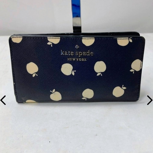 kate spade Handbags - Kate Spade Blue Wallet with Cream Apple Design Very Good Condition